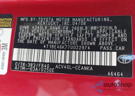 2007 Toyota Camry Le z USA, uszkodzony, nr VIN 4T1BE46K77U022974